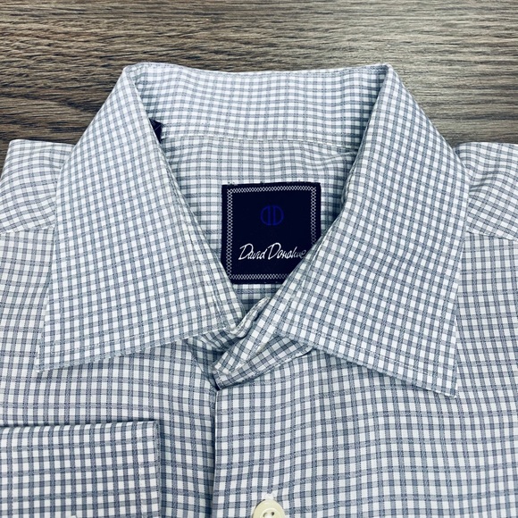 David Donahue Grey & White Check Plaid Shirt 16 - Picture 2 of 4